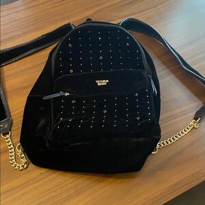 Victoria's Secret Black Velvet Backpack with Gold Details